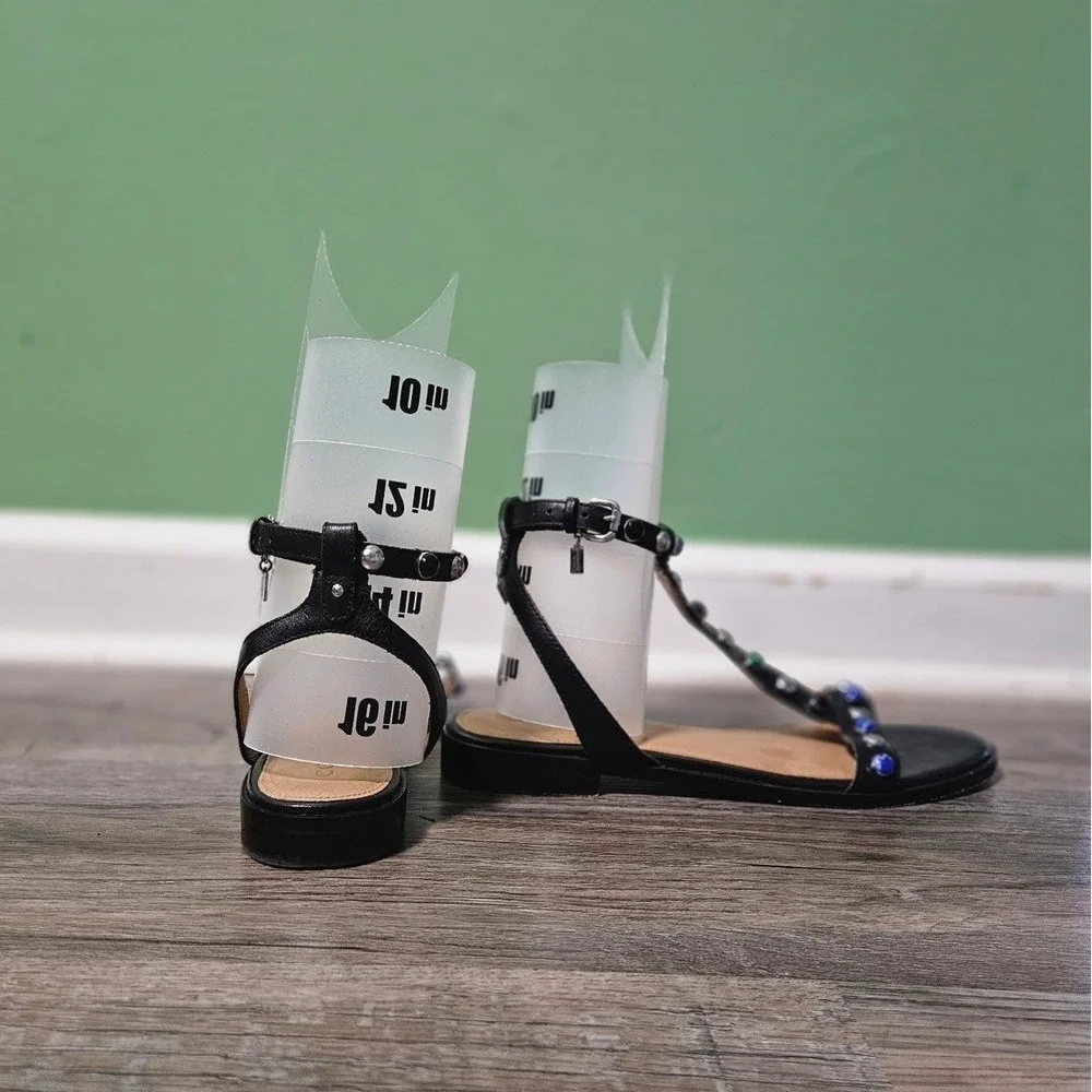 Coach Women's Sadie Leather‎ Embellished T-Strap Black Sandals